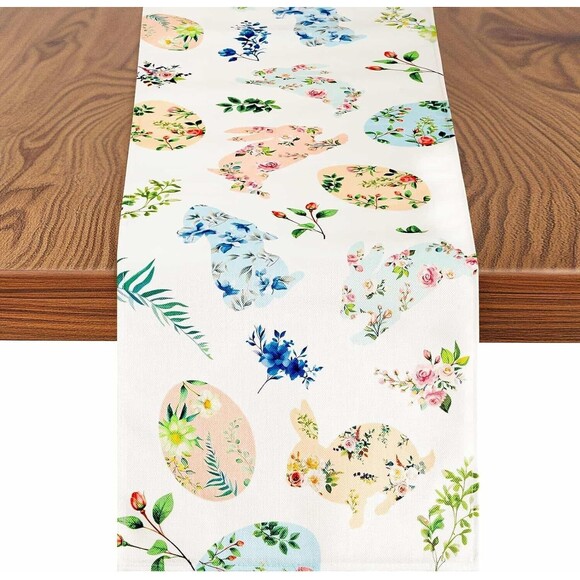 Easter Table Runner 13 x 72"  Happy Easter Rabbit Bunny Eggs Floral Linen NEW!! - Picture 2 of 7